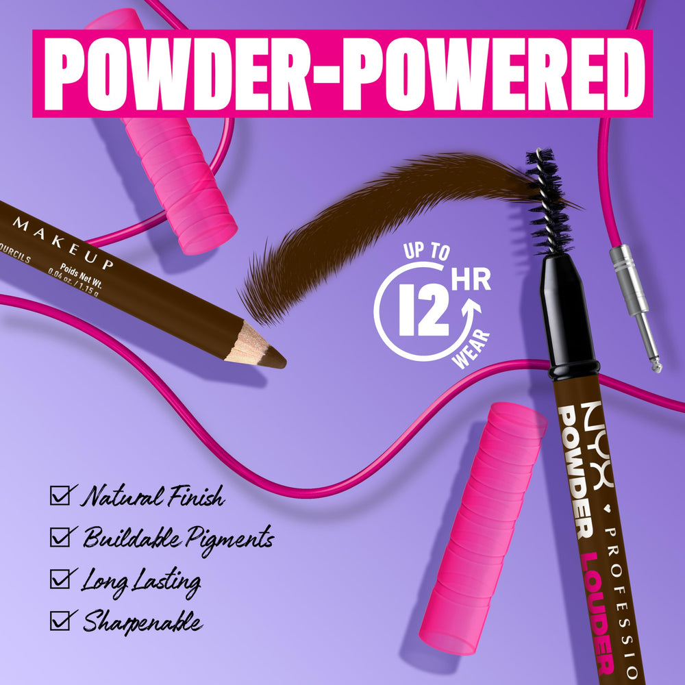 Full brow look using NYX Powder Louder Brow Pencil Espresso for natural volume.