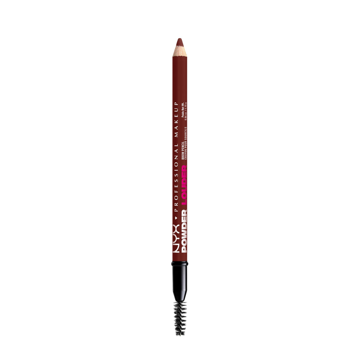 NYX Powder Louder Brow Pencil packaging shot highlights shade and vegan formula.