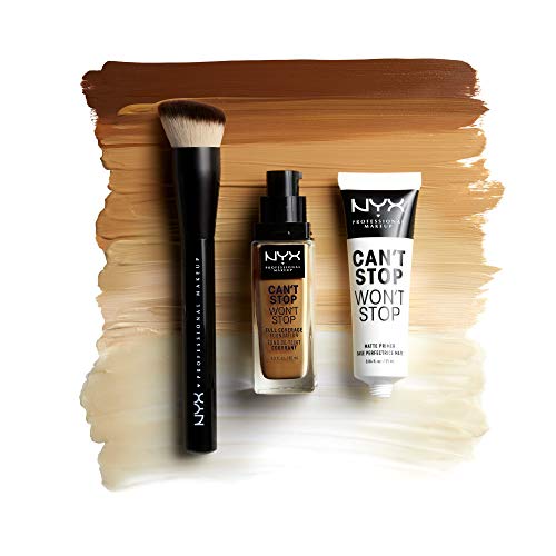 Pro artistry brush by NYX with angled tip following facial contours for smooth coverage.