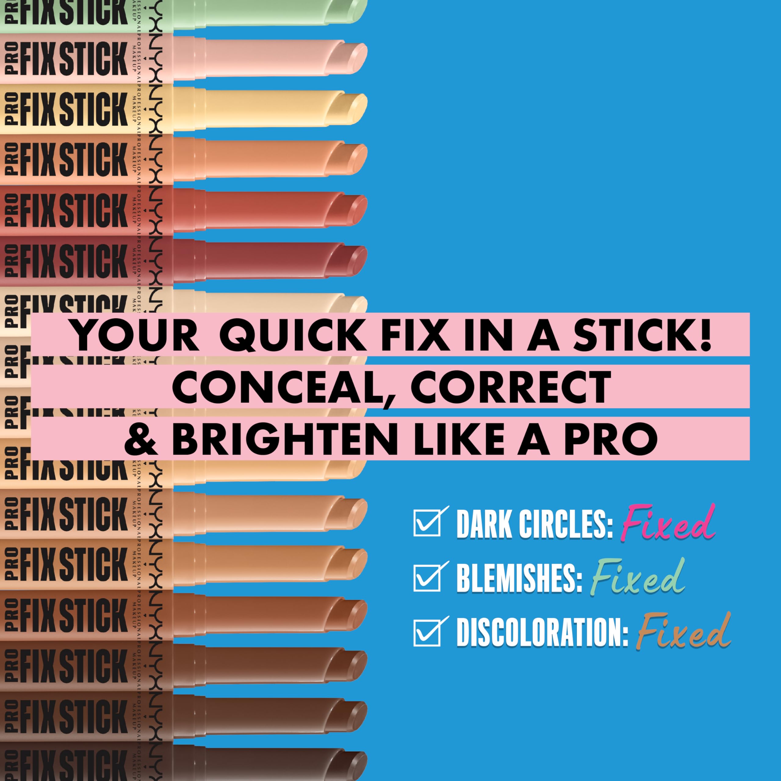 NYX Pro Fix Corrector en barra amarillo ilumina zonas y disimula pigmentaciones en piel clara a media.