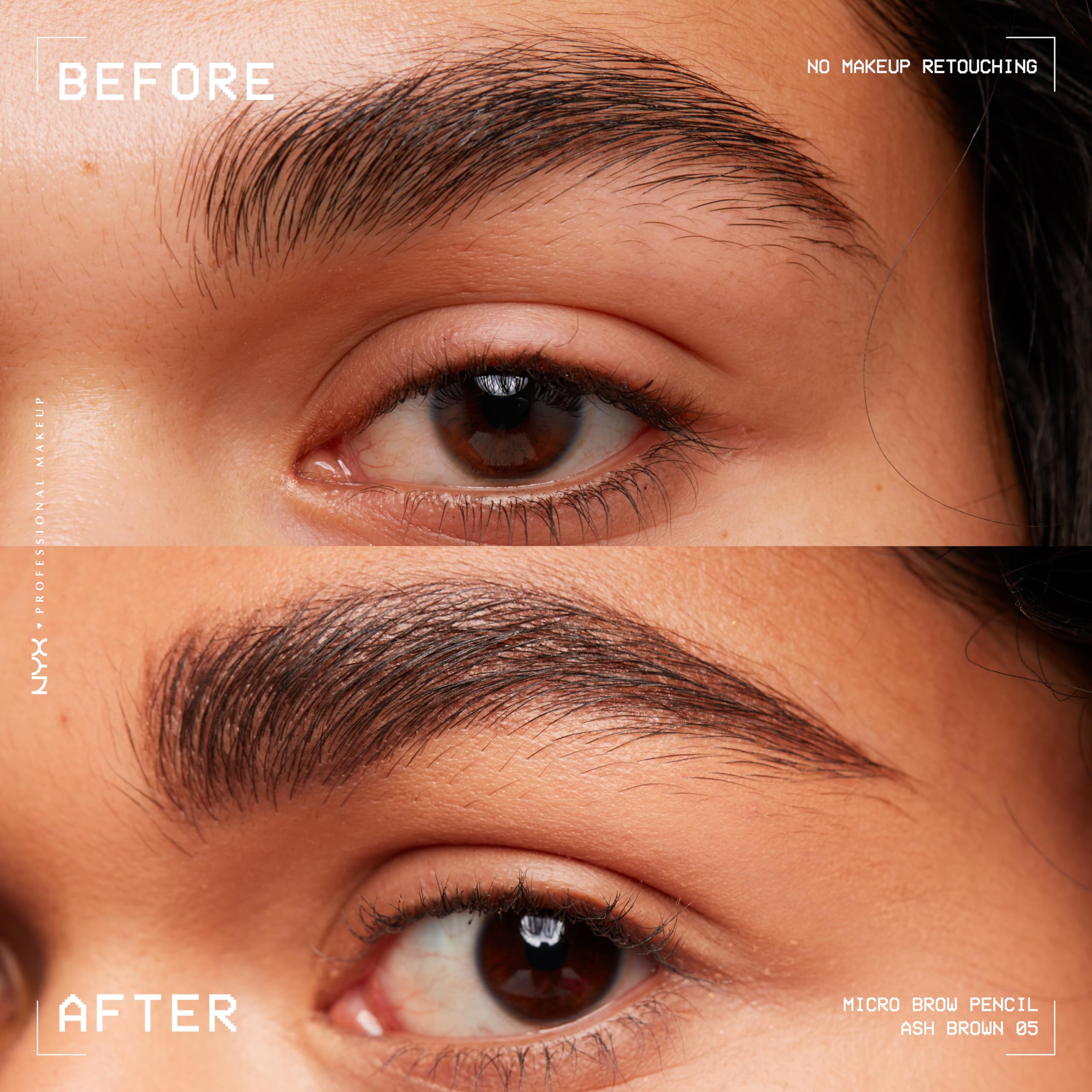 Aplicación NYX con trazos cortos para cejas definidas.