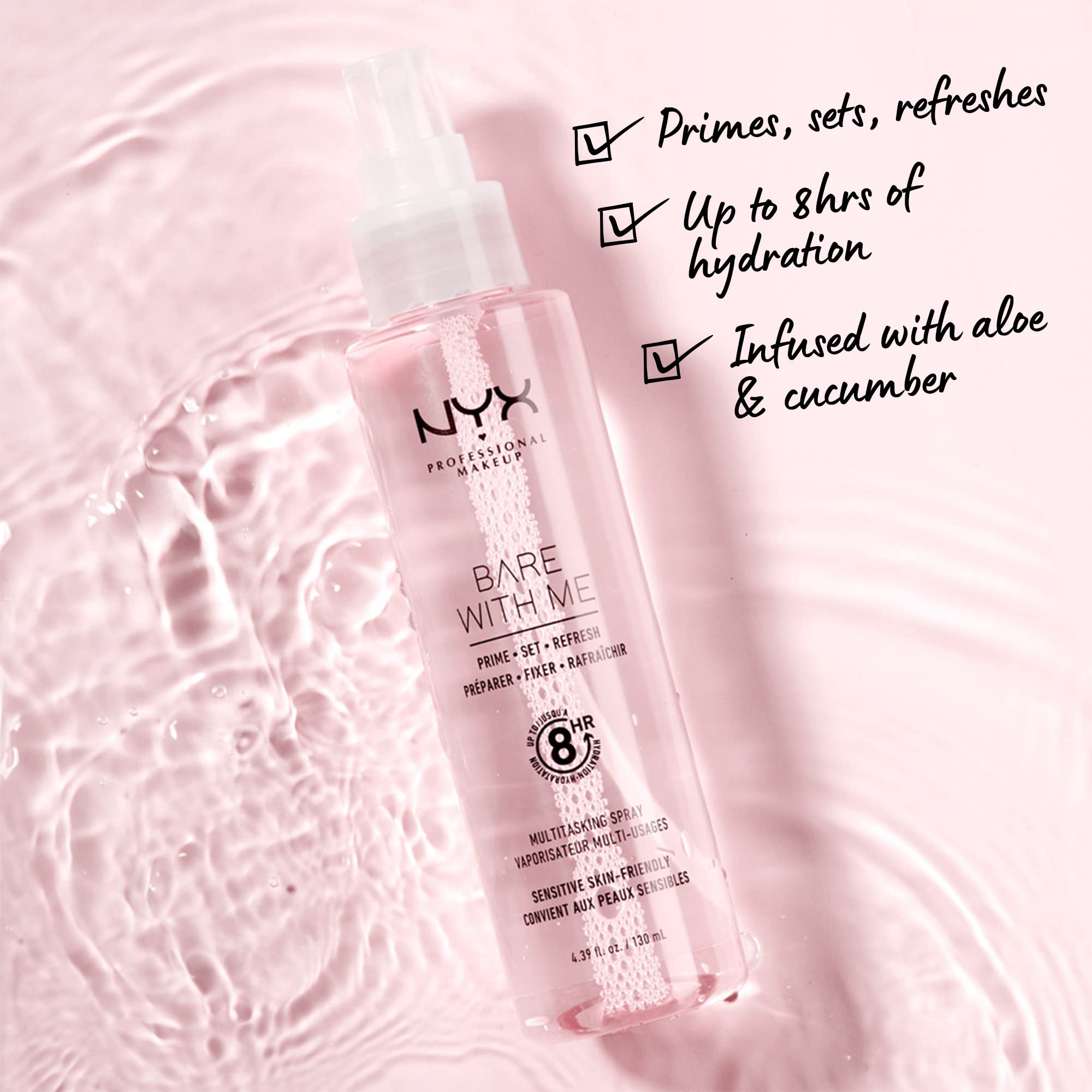 NYX PROFESSIONAL MAKEUP Bare With Me aloe cucumber infused spray for sensitive skin.