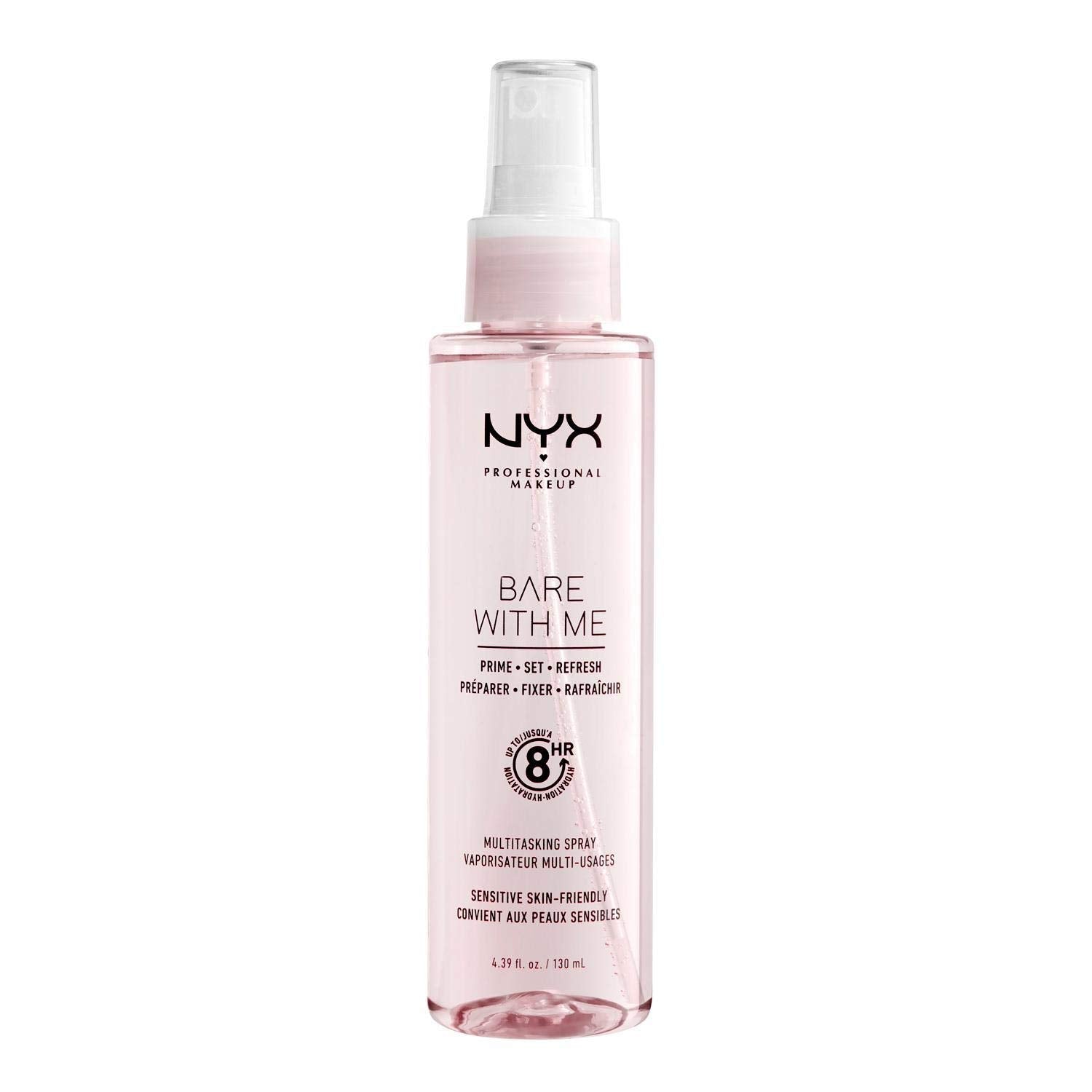 NYX PROFESSIONAL MAKEUP Bare With Me bottle closeup showing hydrating primer and setting spray.