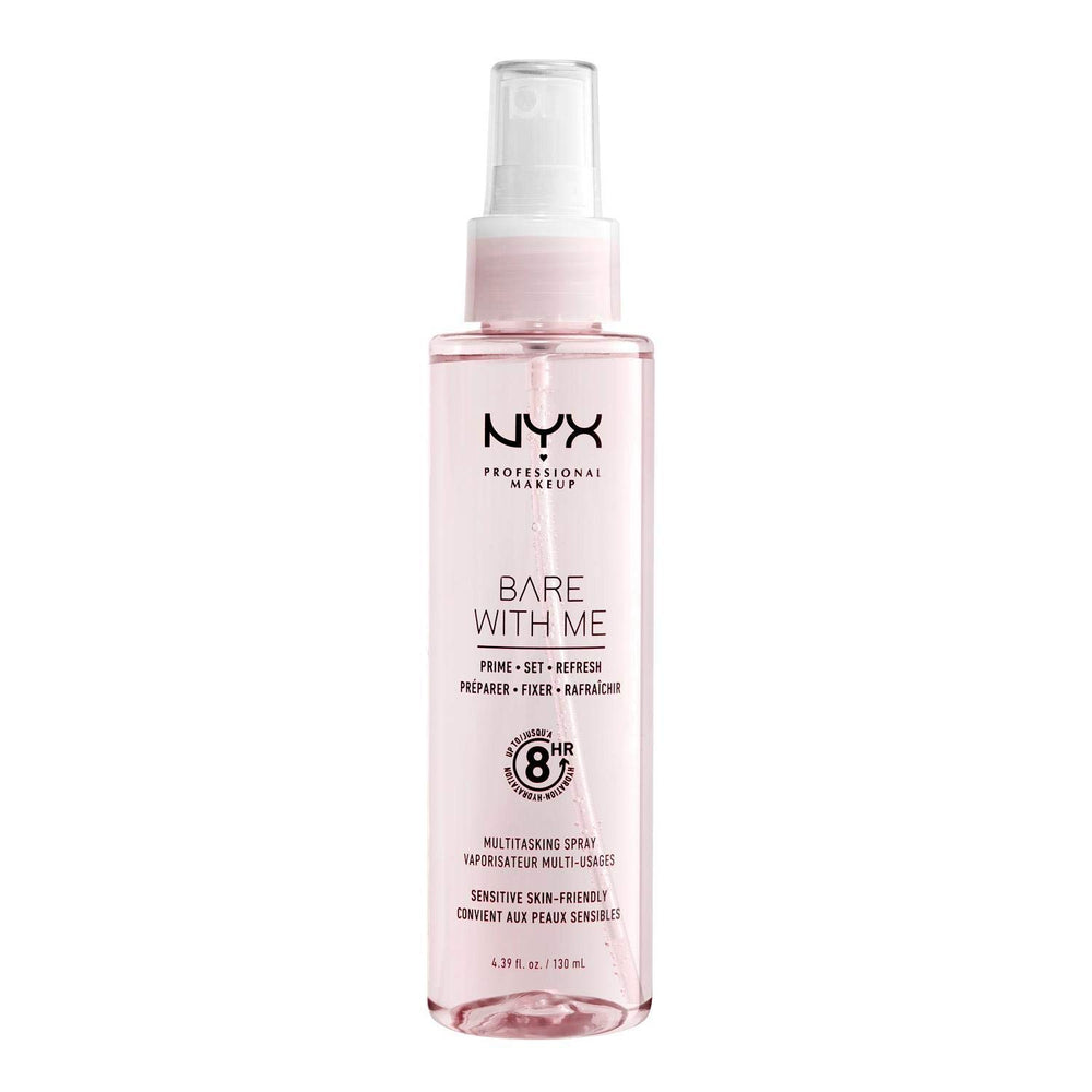 NYX PROFESSIONAL MAKEUP Bare With Me bottle closeup showing hydrating primer and setting spray.