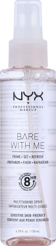 NYX PROFESSIONAL MAKEUP Bare With Me mist in hand ready to spritz for dewy hydration.