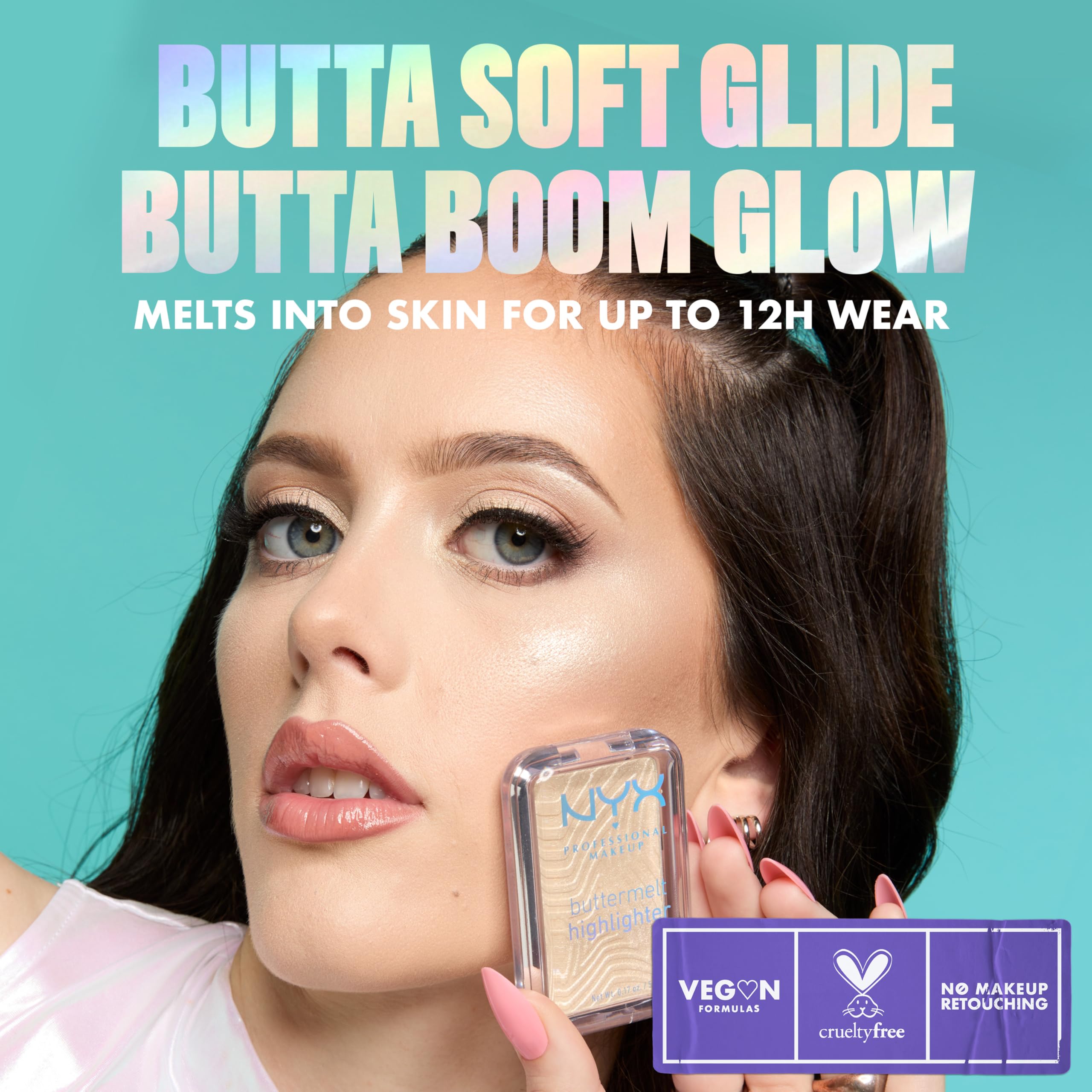 NYX Buttermelt Highlighter destacado en pómulos con brillo duradero.