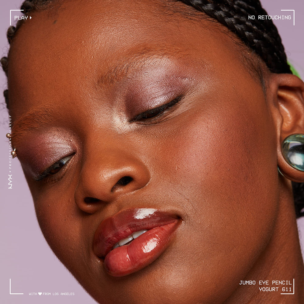 NYX Jumbo Eye Pencil Yogurt on eyelid demonstrates smooth, pull-free application.