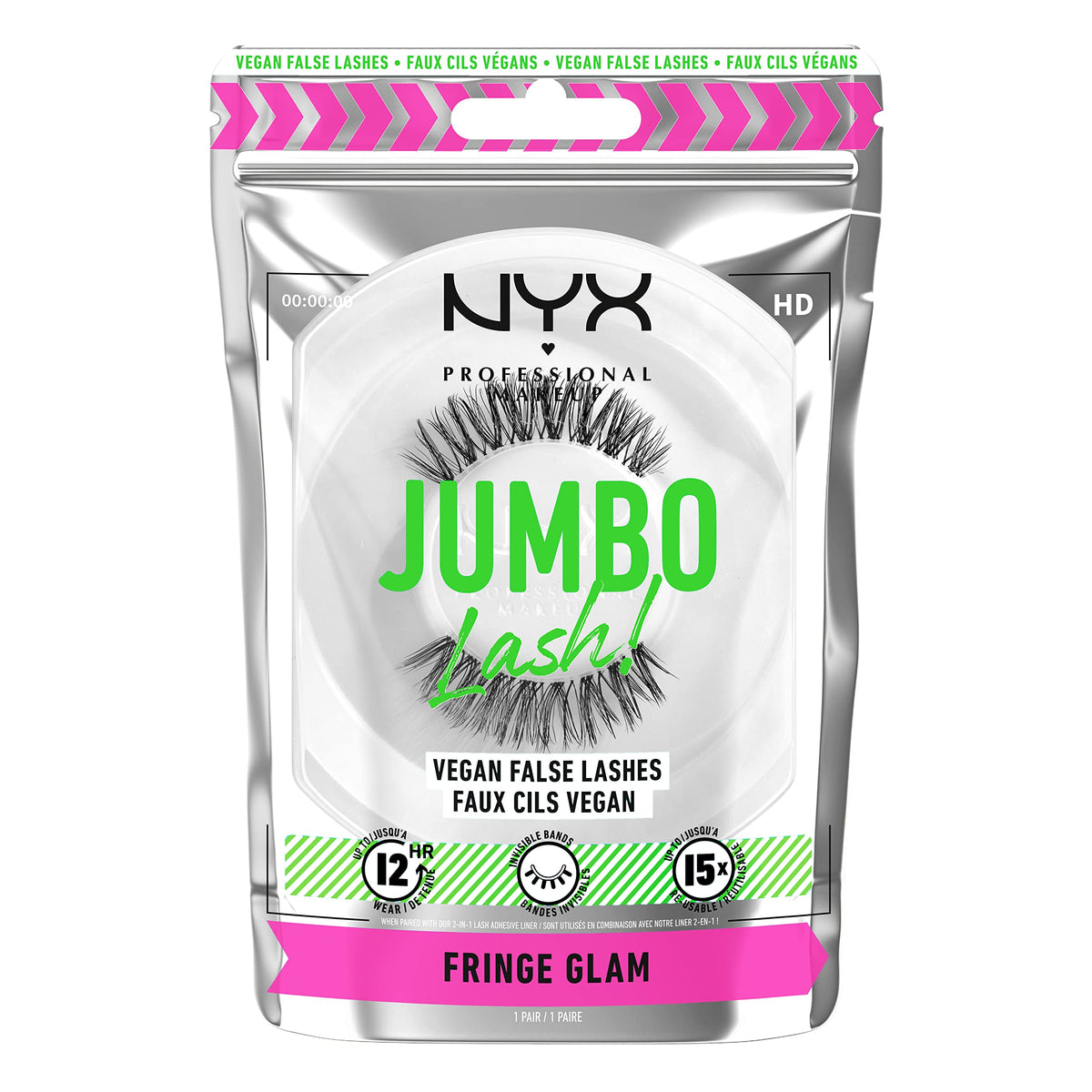 NYX Jumbo Lash vegan false eyelashes with invisible band for a natural, dramatic look.