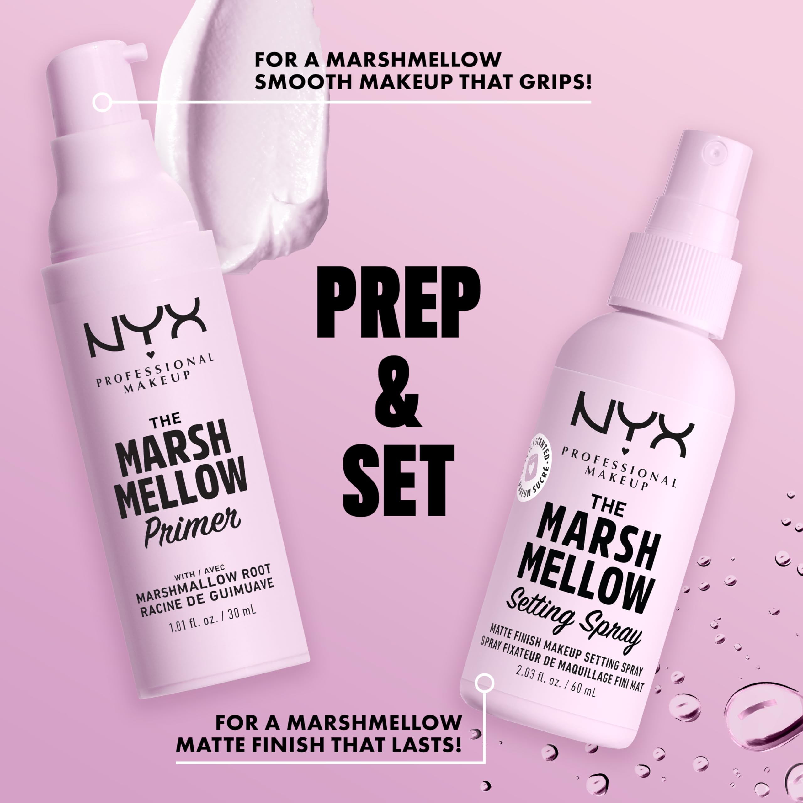 Gama de NYX Marshmellow para rostro, con productos de corrección y color.