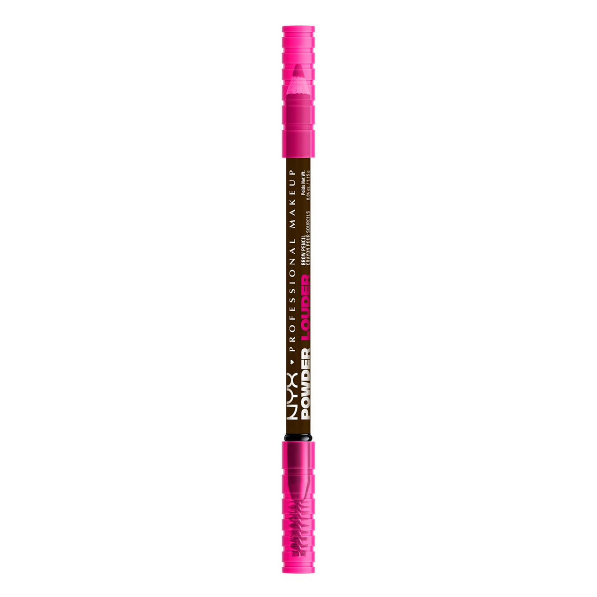 NYX Powder Louder Brow Pencil packaging highlights vegan formula and 12-hour wear.