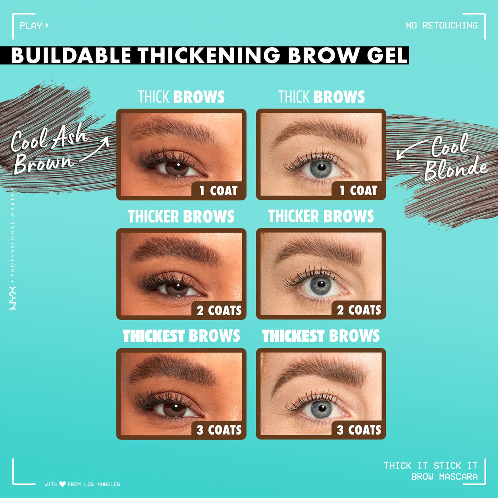 NYX Thick It Stick It brow gel tiene 8 tonos inclusivos para looks variados