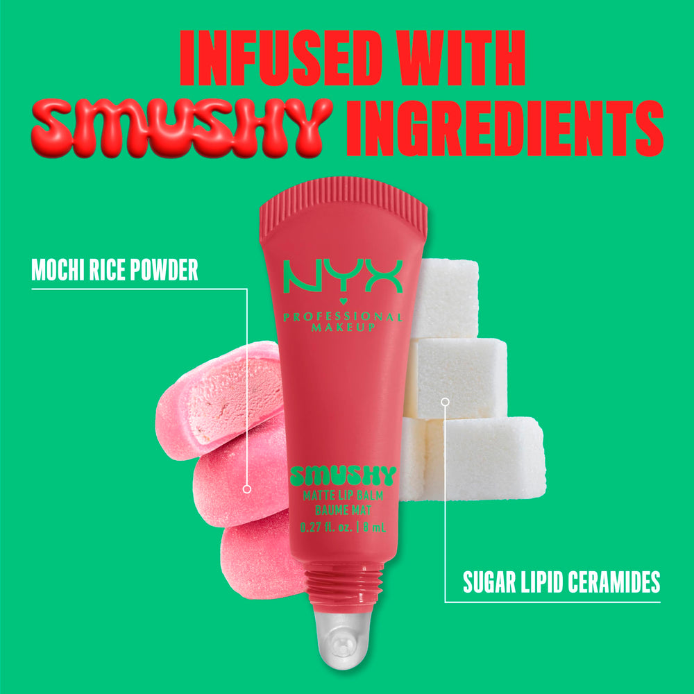 12 tonos versátiles para nude, blush y peach en NYX Smushy Matte Lip Balm.
