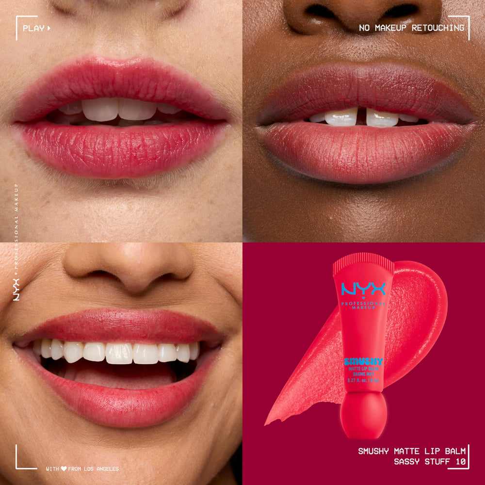 Aplicación suave de NYX Smushy Matte Lip Balm sobre los labios para hidratación y color difuso