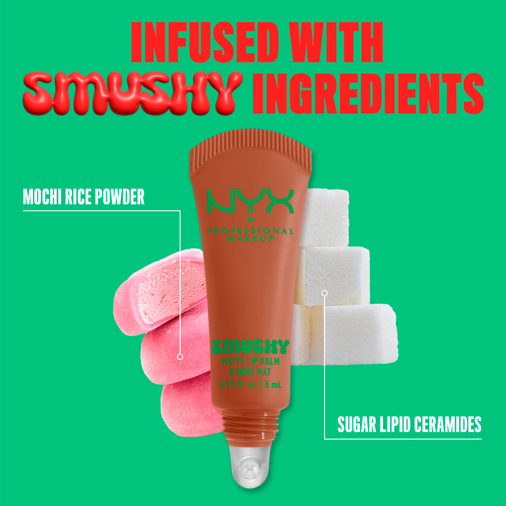 NYX Smushy Matte Lip Balm deslizamiento cremoso: acabado suave y pigmento sutil.