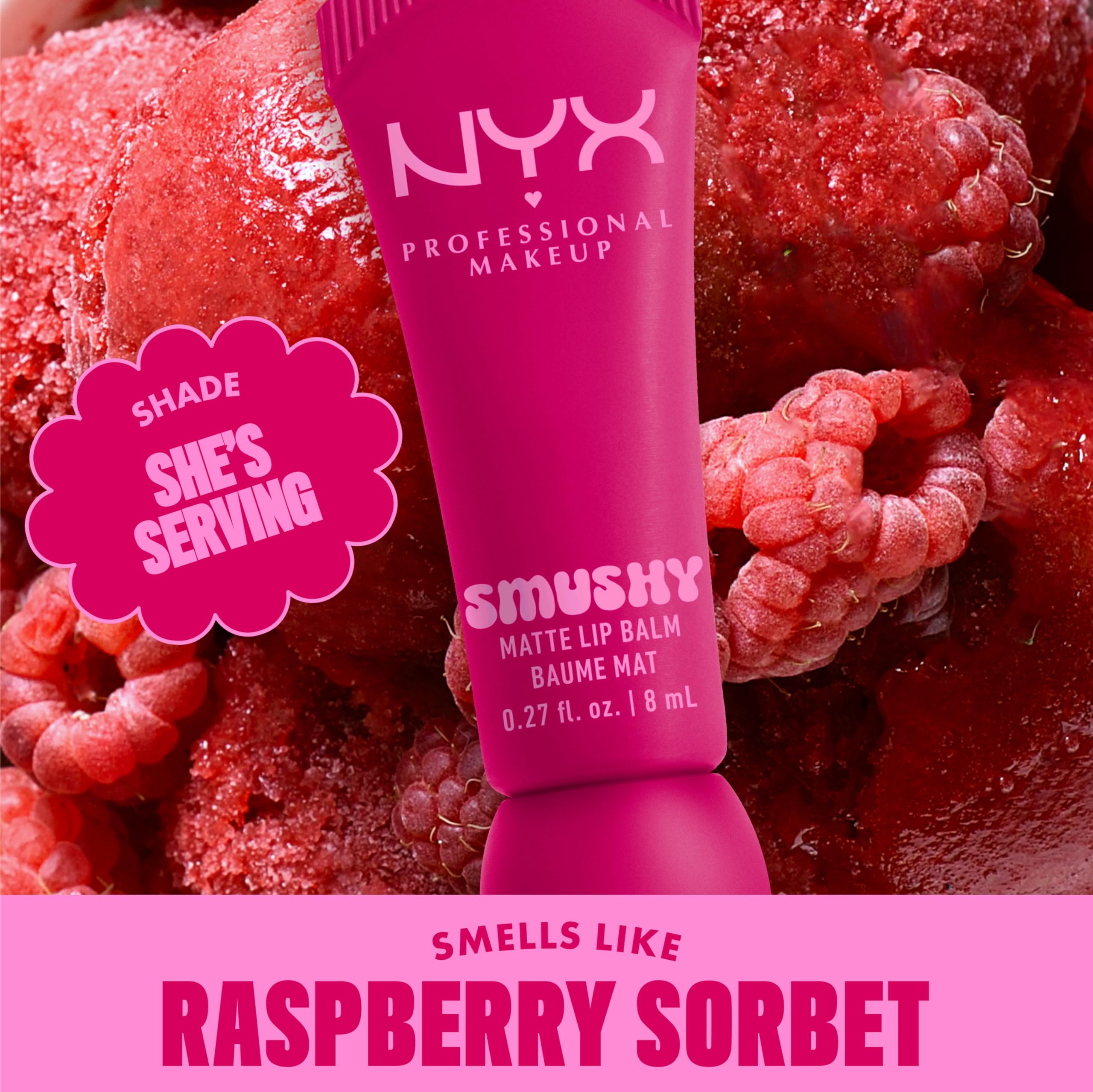 Tono fucsia vibrante con Smushy Matte Lip Balm para un acabado suave y duradero.