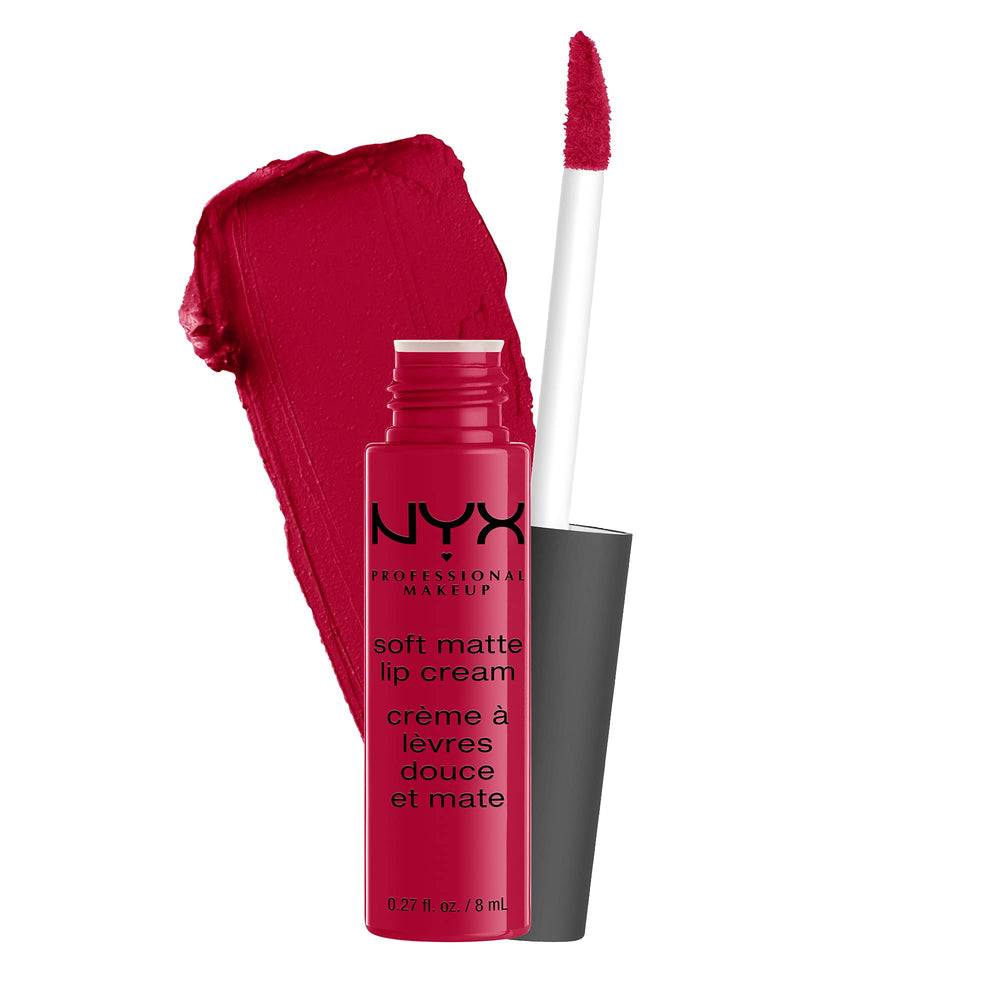 NYX Soft Matte Lip Cream Monte Carlo bottle in deep cranberry shade for bold, long-lasting color.