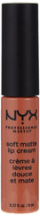 Swatches show rich nude to rose shades in NYX Soft Matte Lip Cream.