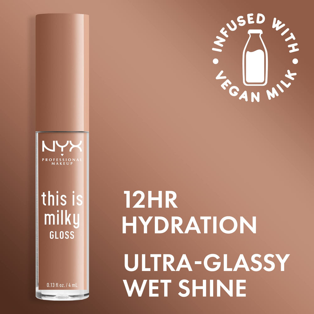 NYX This Is Milky Gloss tube closeup highlighting creamy milky texture and hydration benefits.