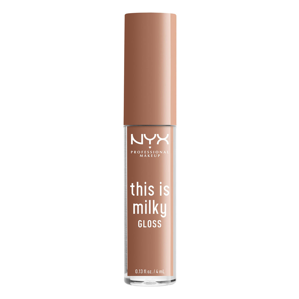 NYX This Is Milky Gloss on lips displays ultra-glossy shine and plump appearance.