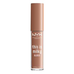 NYX This Is Milky Gloss on lips displays ultra-glossy shine and plump appearance.