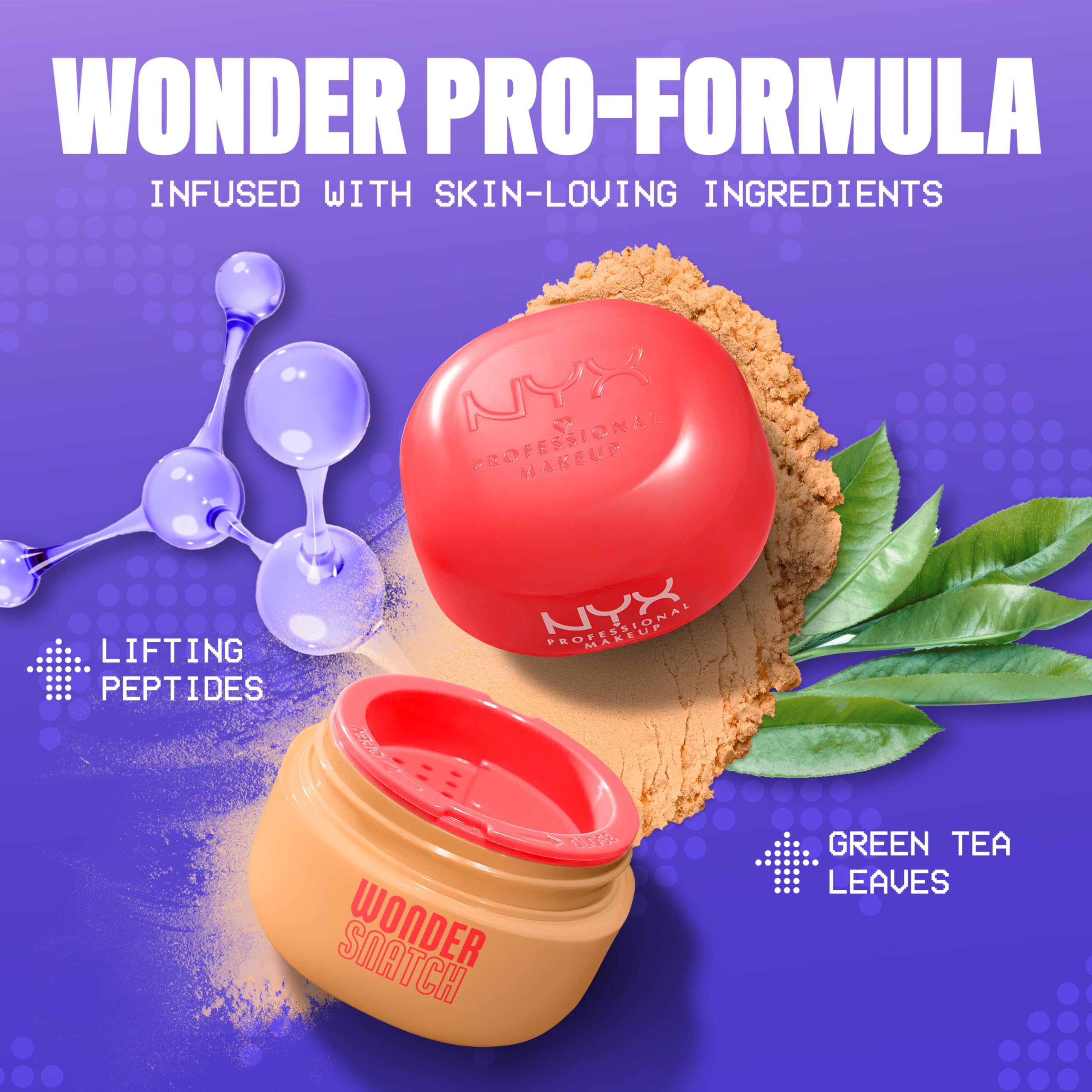 Polvo de NYX Wonder Snatch con té verde para un acabado fresco y saludable.