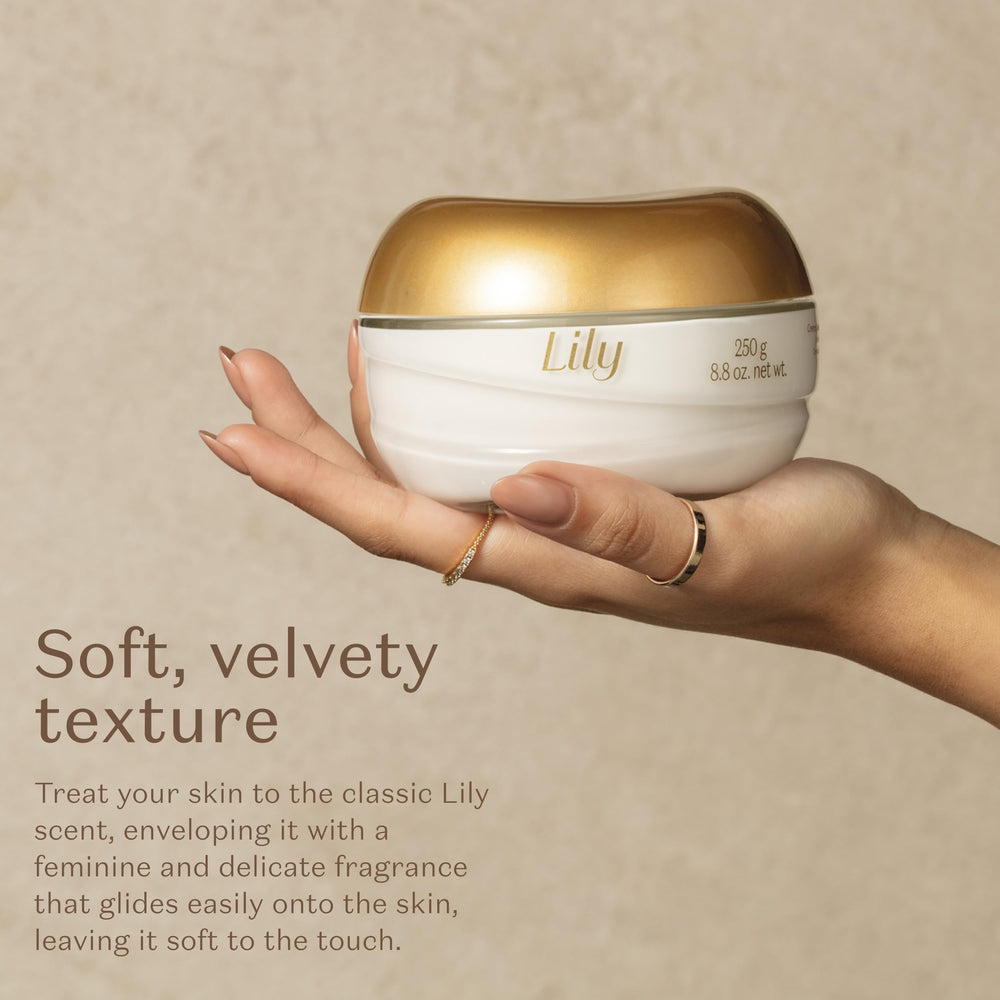 Bottle of Lily Satin Hydrating Cream with lifestyle backdrop for daily indulgence.