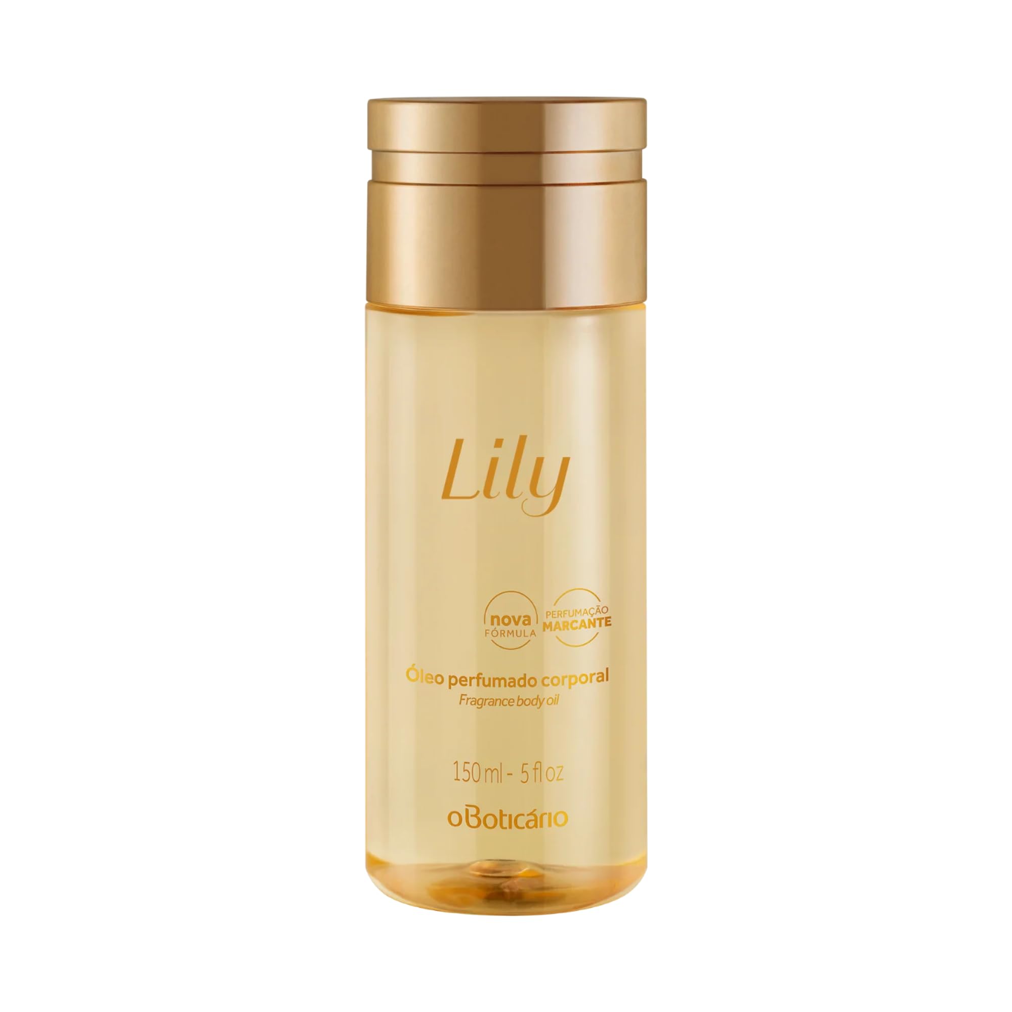 O Boticário Lily Body Oil bottle pouring for quick absorption