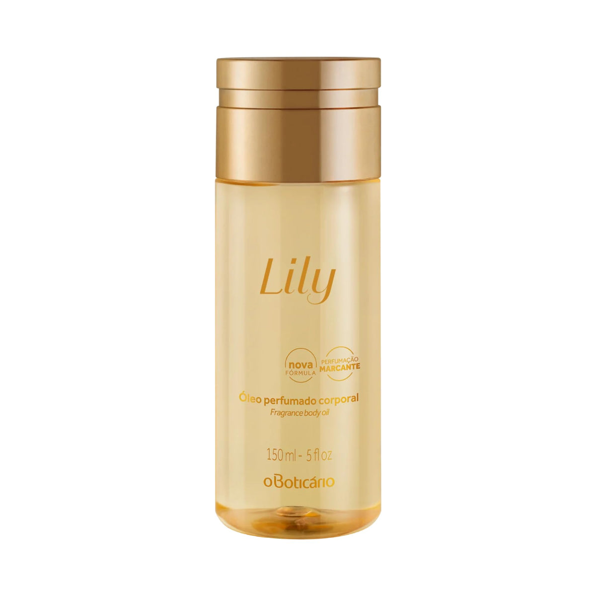 O Boticário Lily Body Oil bottle pouring for quick absorption