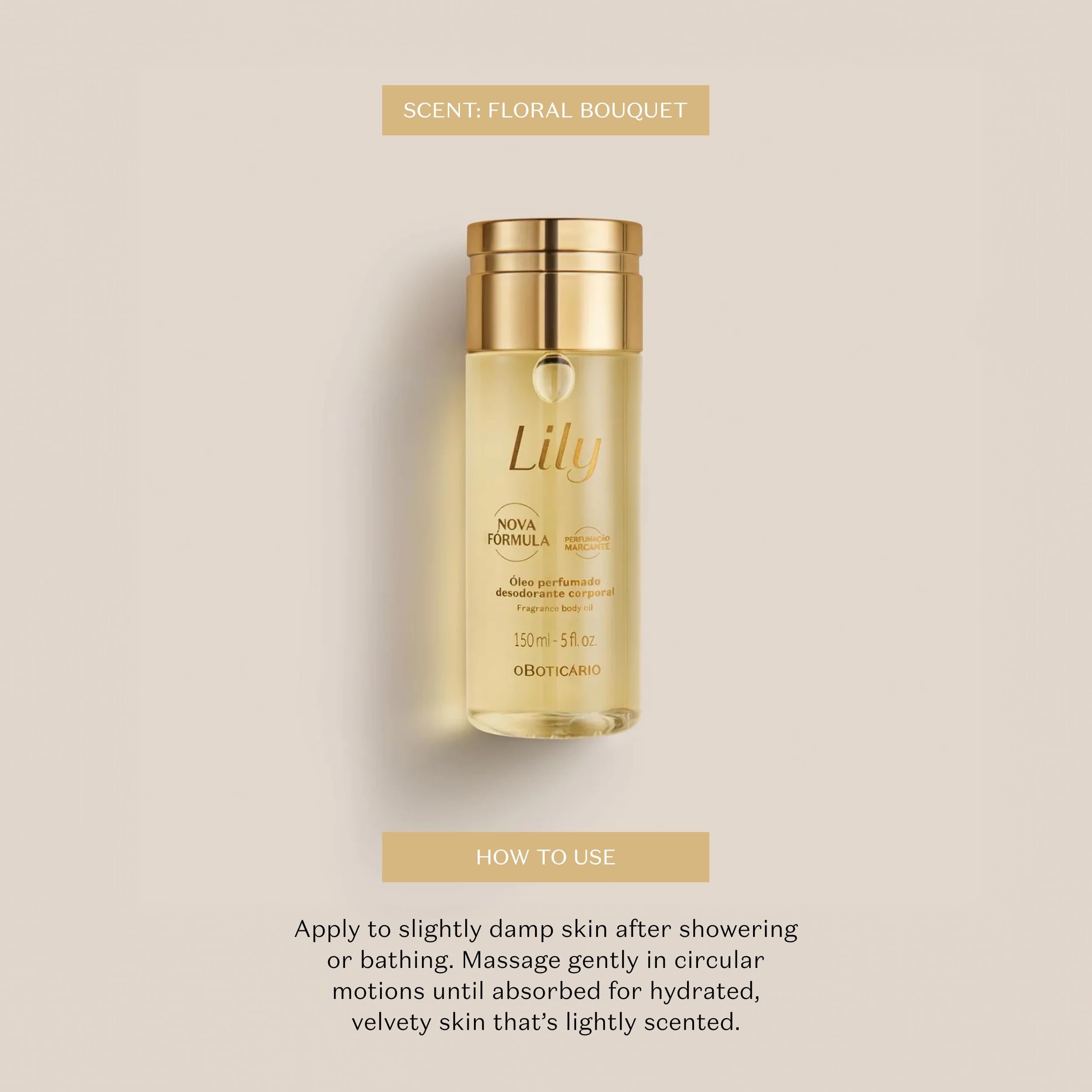 O Boticário Lily Body Oil fragrance notes featuring Lily and fruits