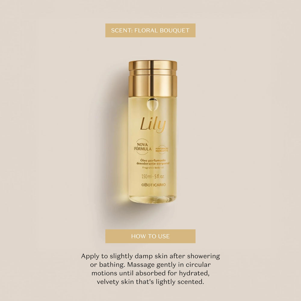 O Boticário Lily Body Oil fragrance notes featuring Lily and fruits