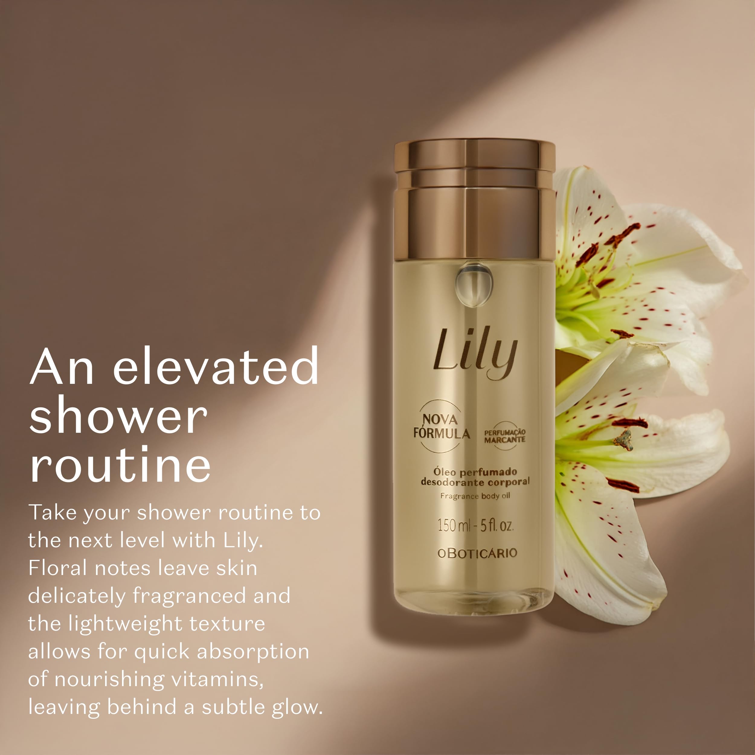 O Boticário Lily Body Oil packaging showing eco-conscious design