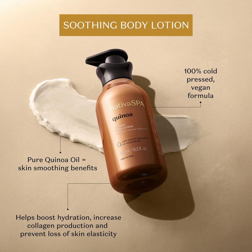 O BOTICARIO Nativa Spa Quinoa Hydrating lotion being poured reveals a light, fast-absorbing texture.