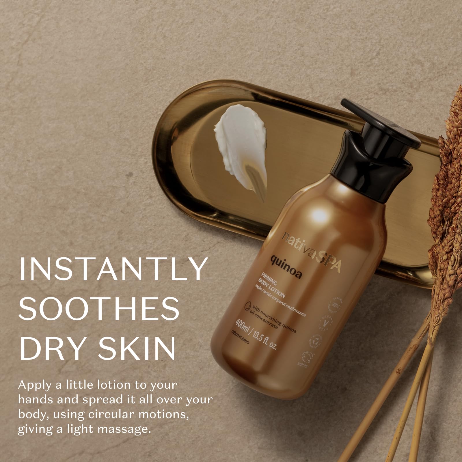 O BOTICARIO Nativa Spa Quinoa Hydrating lotion close-up shows nourishing quinoa drops.