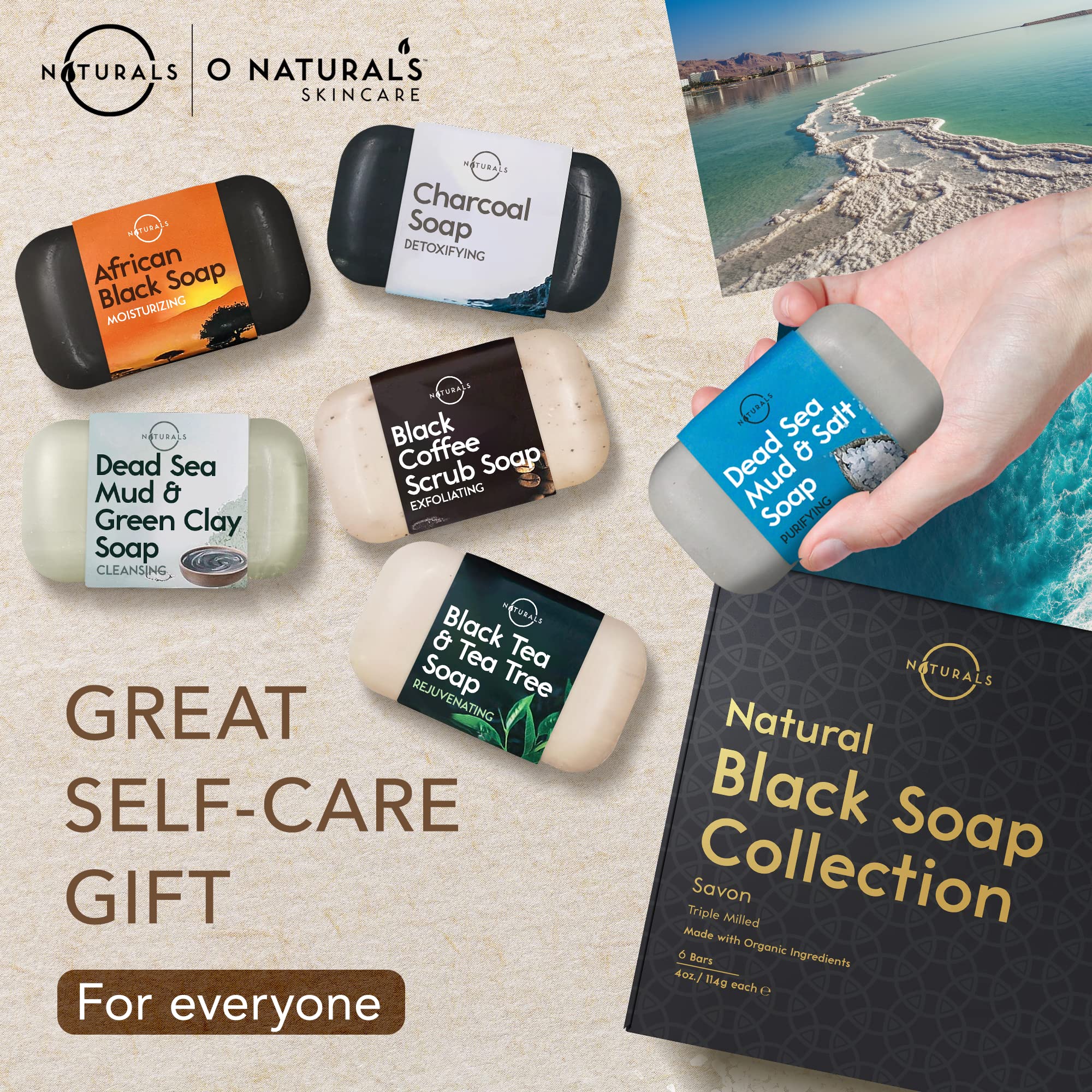Caja regalo de O NATURALS con la colección de jabones negros.