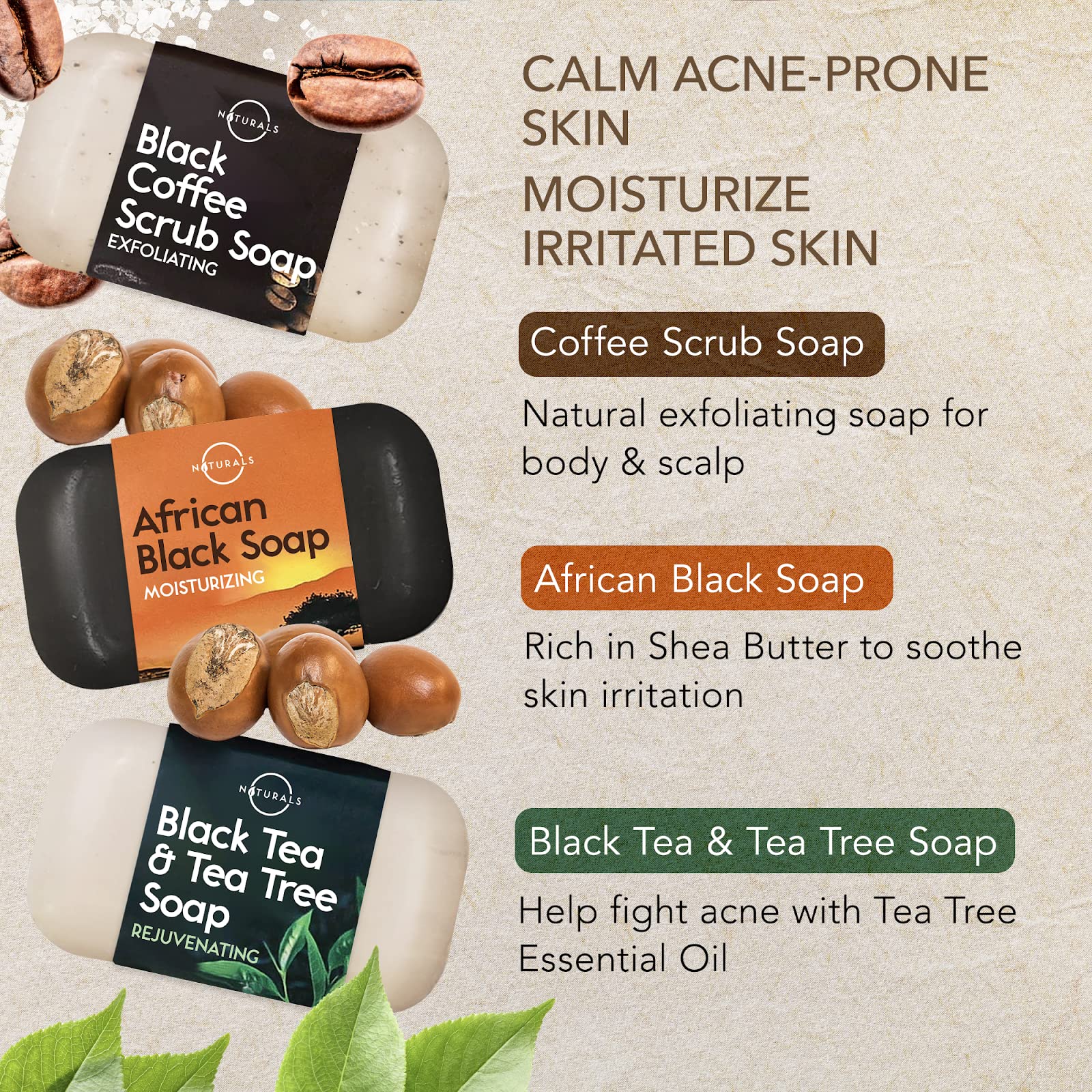 Jabón café exfoliante de O NATURALS revela una piel suave.
