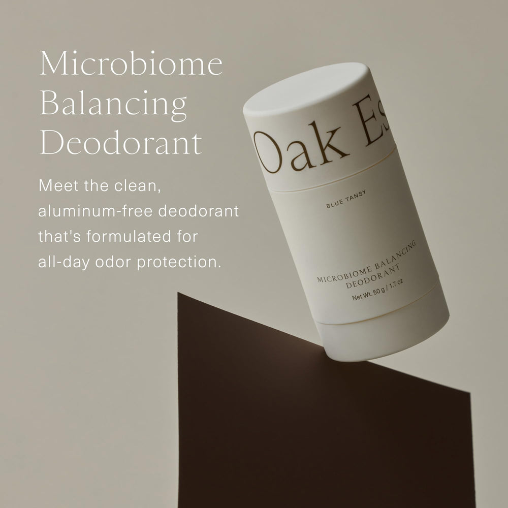 Oak Essentials blue tansy deodorant application close-up shows cooling, gentle scent.