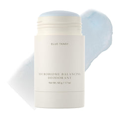 Oak Essentials microbiome balancing deodorant blue tansy bottle for all day freshness.