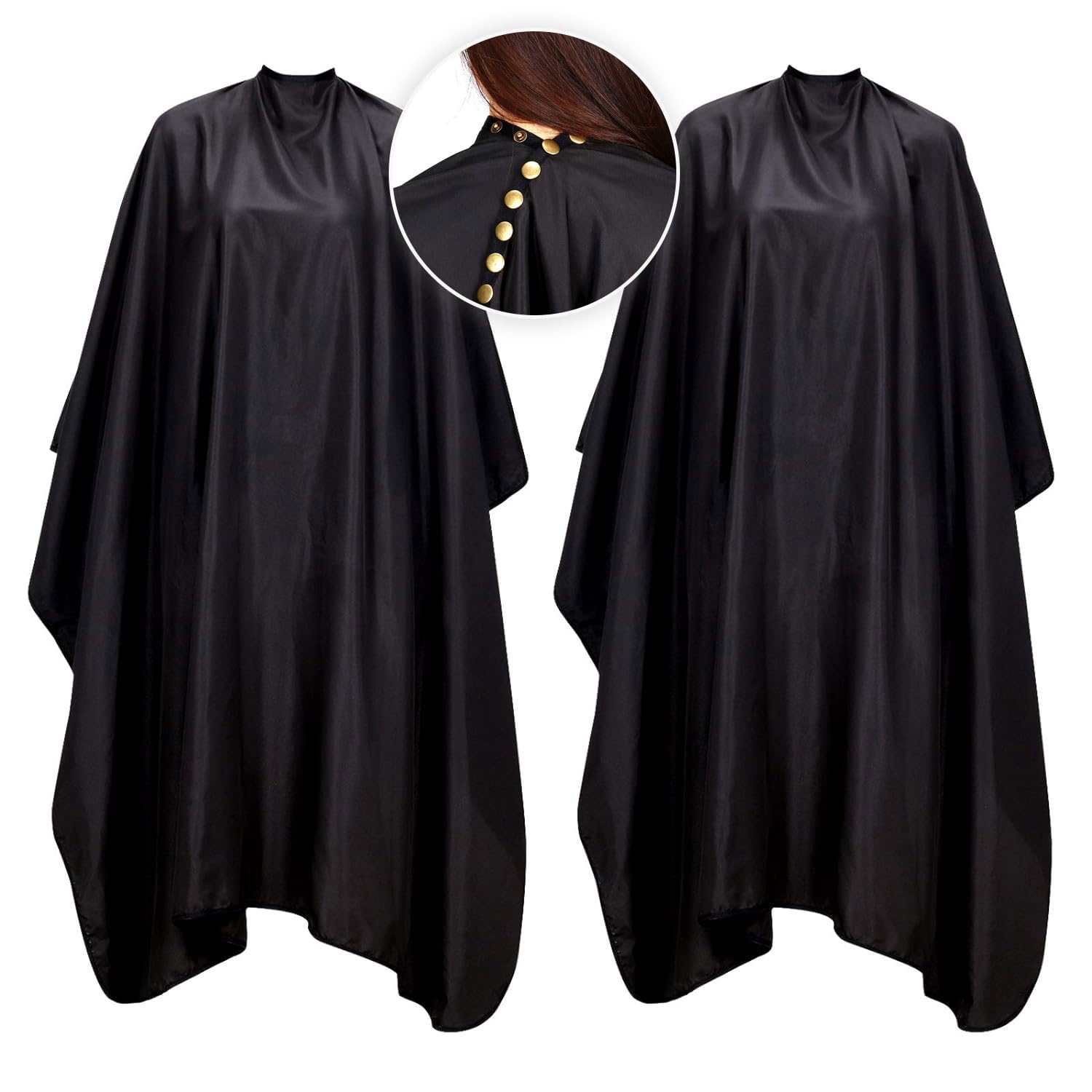 Oak Leaf hair cutting cape with snap closure for secure adjustable neck fit.