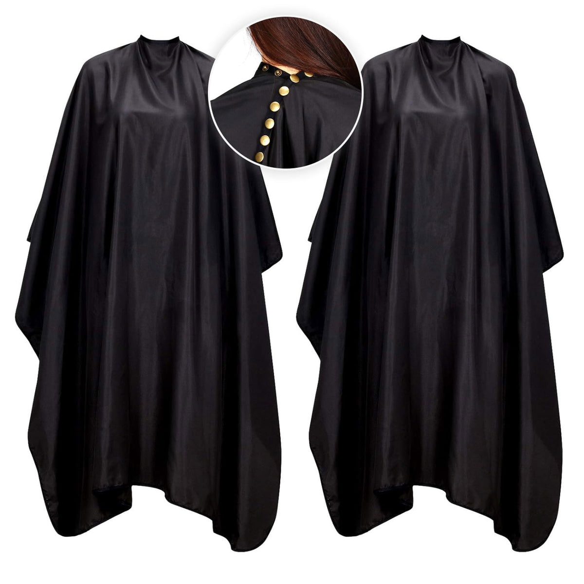 Oak Leaf hair cutting cape with snap closure for secure adjustable neck fit.