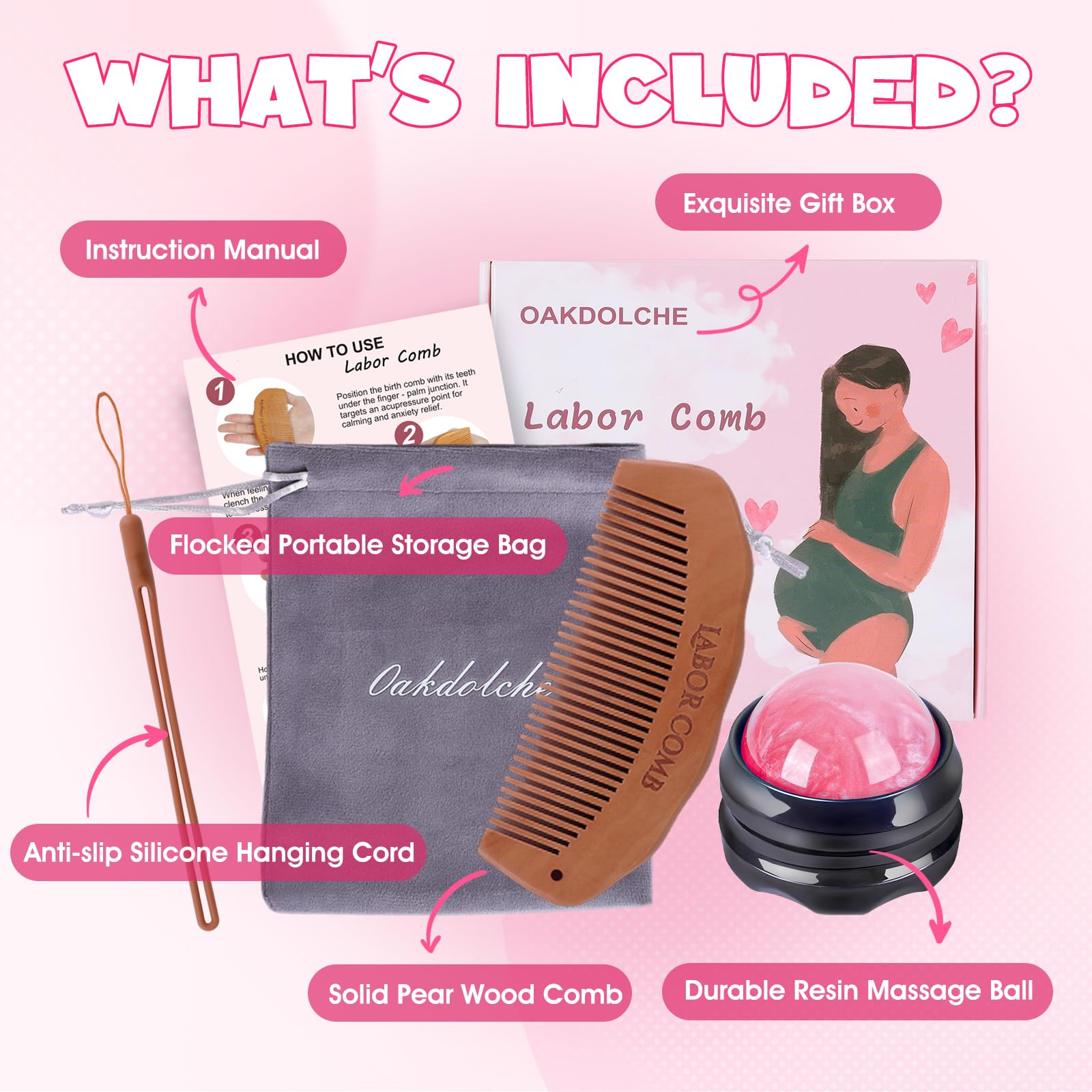 OAKDOLCHE Birth Comb and Massage Ball set for practical labor relief.