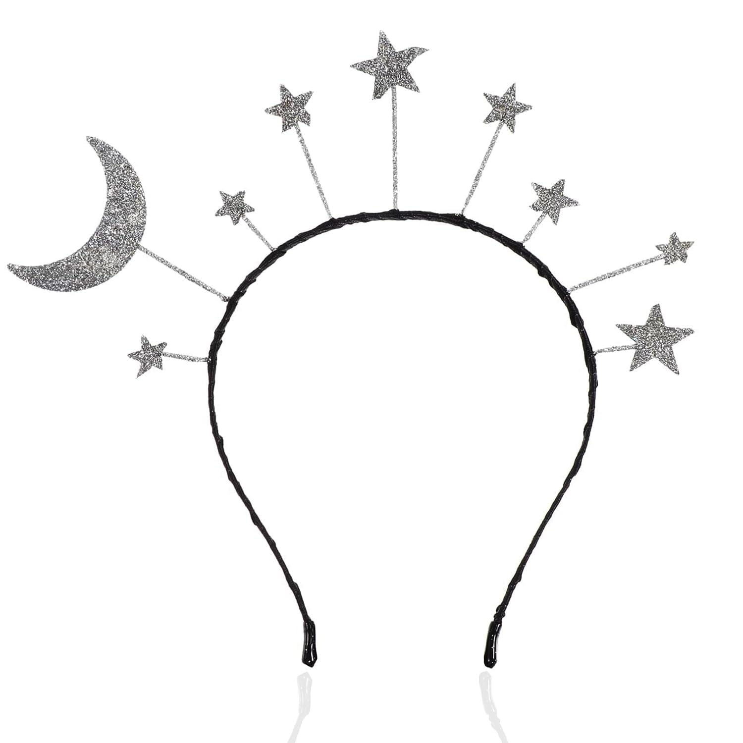 diadema oarkive galaxia con luna y estrella plateadas, ideal para estilos temáticos nocturnos