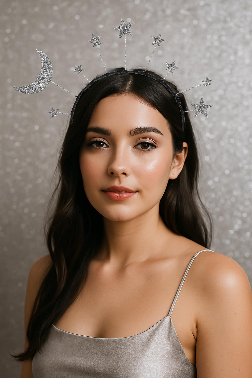 diadema oarkive luna brillo plateado, perfecta para fiestas y disfraces