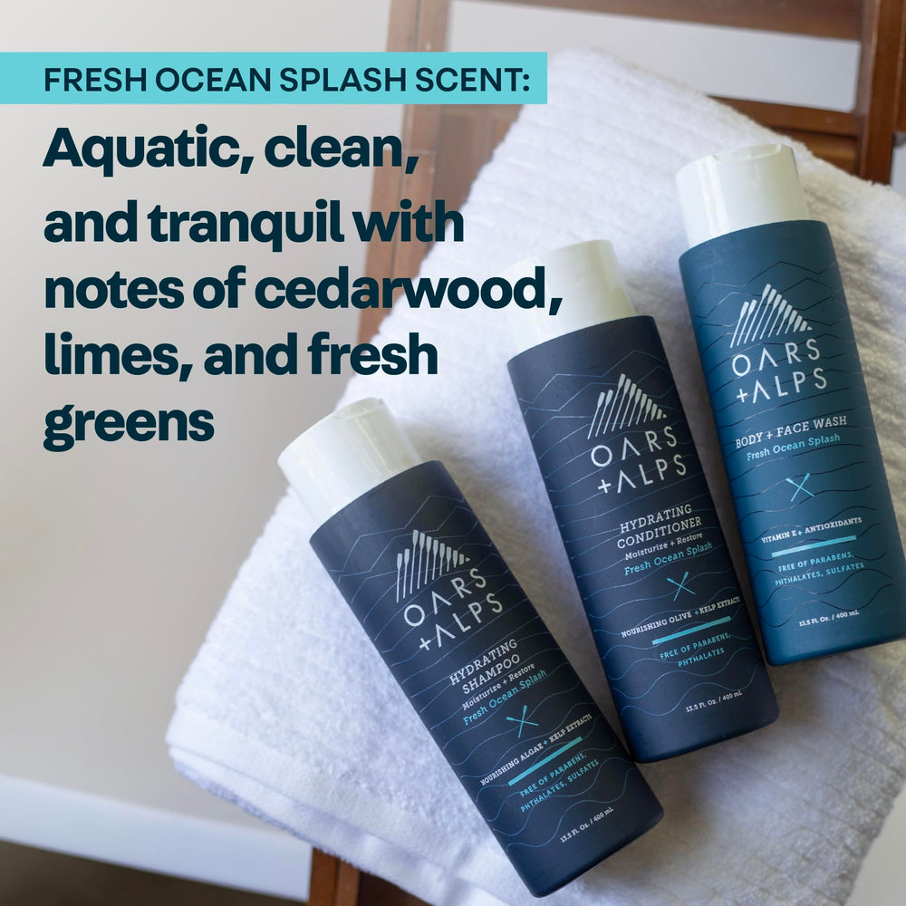 Oars + Alps fresh ocean splash scent label evokes cool, refreshing experience.