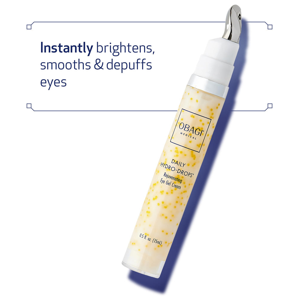Obagi Daily Hydro-Drops Eye Gel applicator shows cooling dual-ended design for smoothing puffiness.