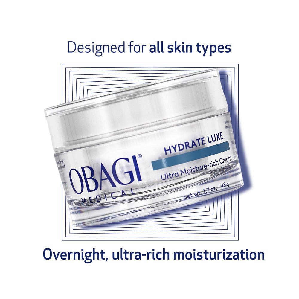 Obagi Hydrate Luxe on nightstand demonstrates easy nightly application and calm skin feel.