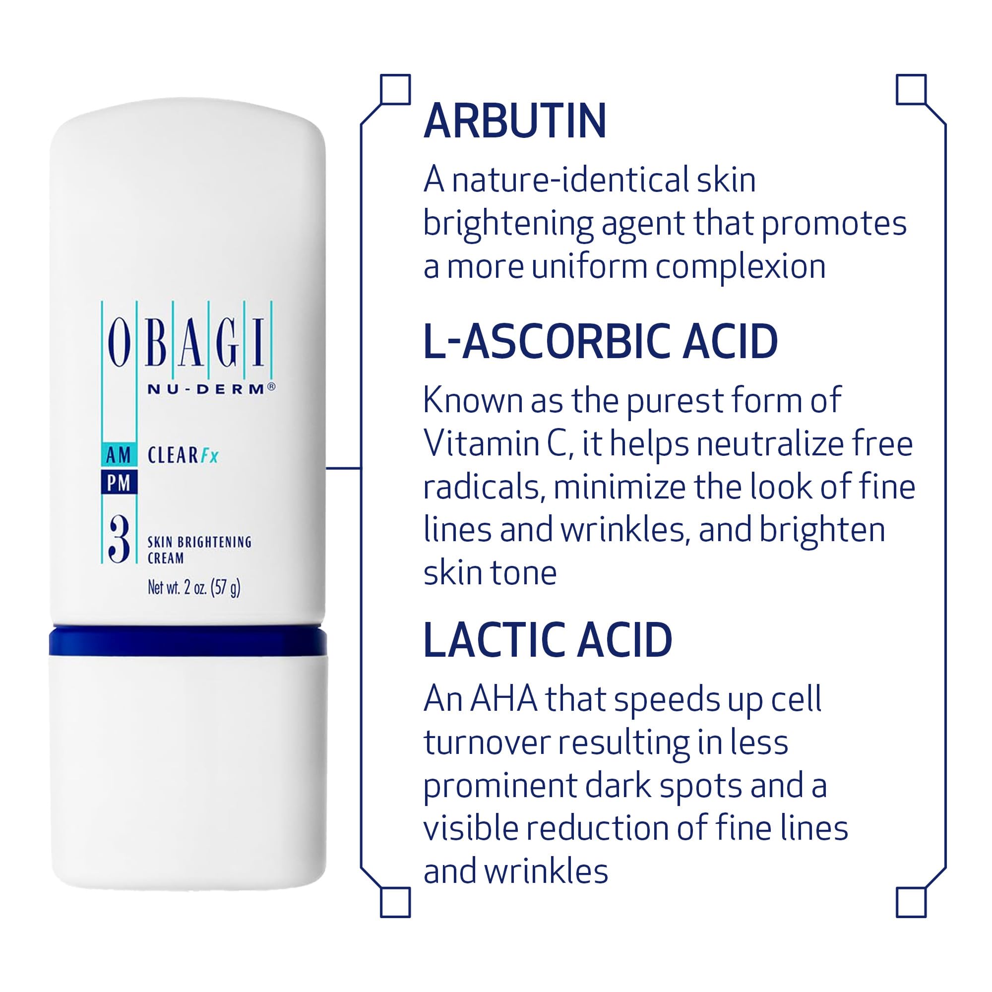 Obagi Nu-Derm Clear Fx ingredient label emphasizes arbutin and vitamin C in the formula