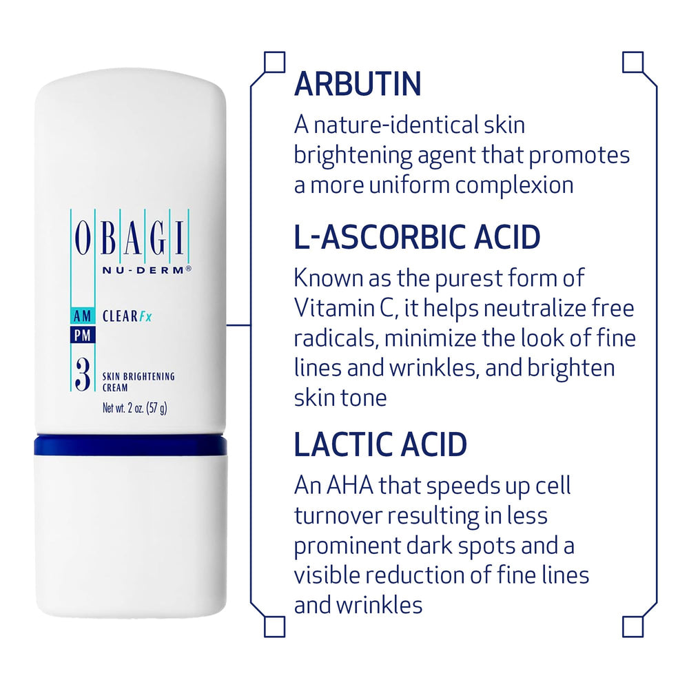 Obagi Nu-Derm Clear Fx ingredient label emphasizes arbutin and vitamin C in the formula