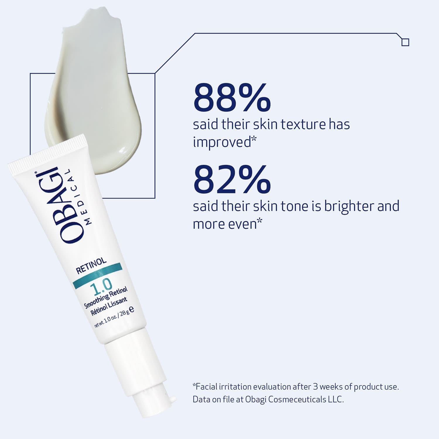Texture swirl of Obagi Retinol 1.0 Cream suggests gentle, entrapped-release formula.
