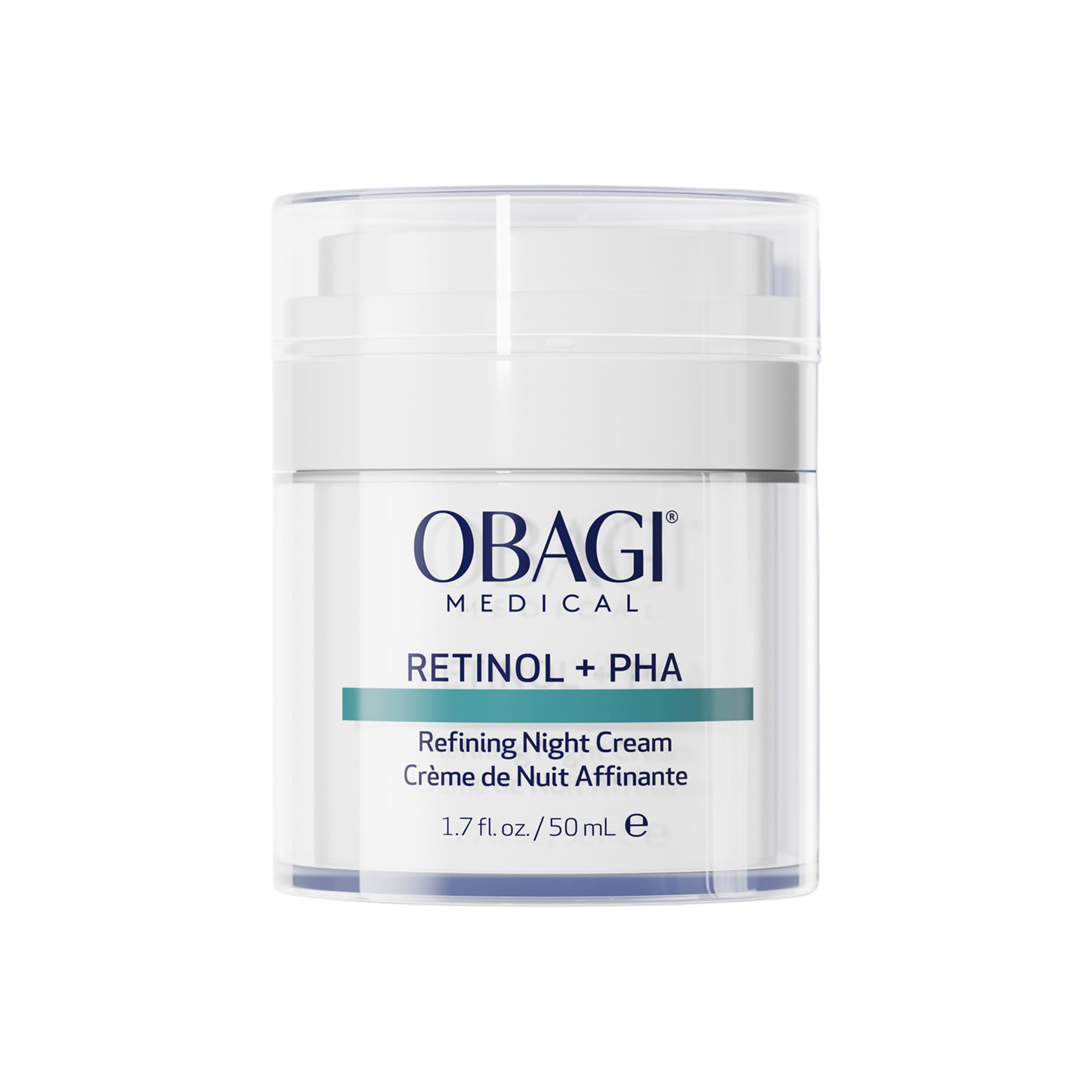 Obagi Medical Retinol and PHA Refining Night Cream bottle on vanity for overnight renewal