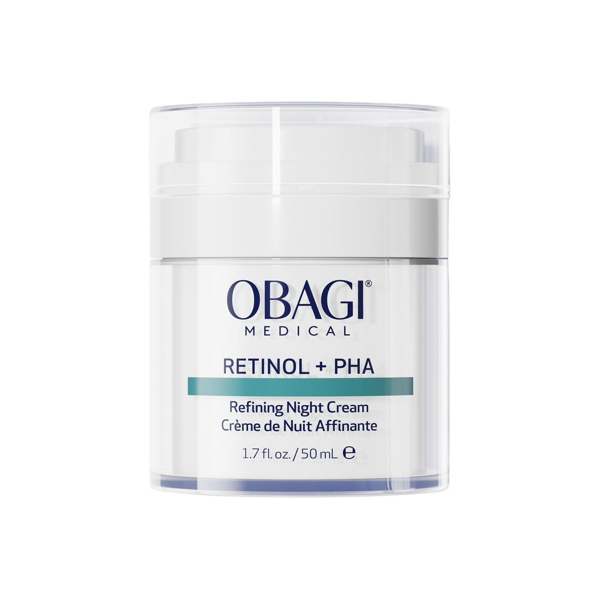 Obagi Medical Retinol and PHA Refining Night Cream bottle on vanity for overnight renewal